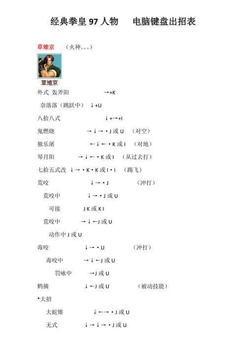 电脑版拳皇97出招表大全,让你成为格斗高手!