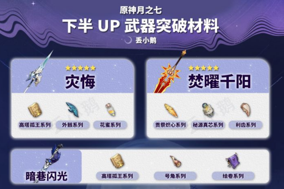 原神月之七武器池材料一览：新五星与四星突破培养全汇总